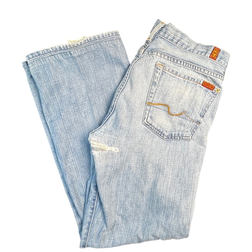 7 For All Mankind Mens Bootcut Jeans Light Wash Distressed Blue Denim Size 34x30
